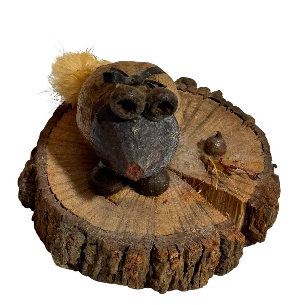 Vintage Folk Art MCM Handmade Nut Mouse on Driftwood Stump Decor Woodland Whimsy